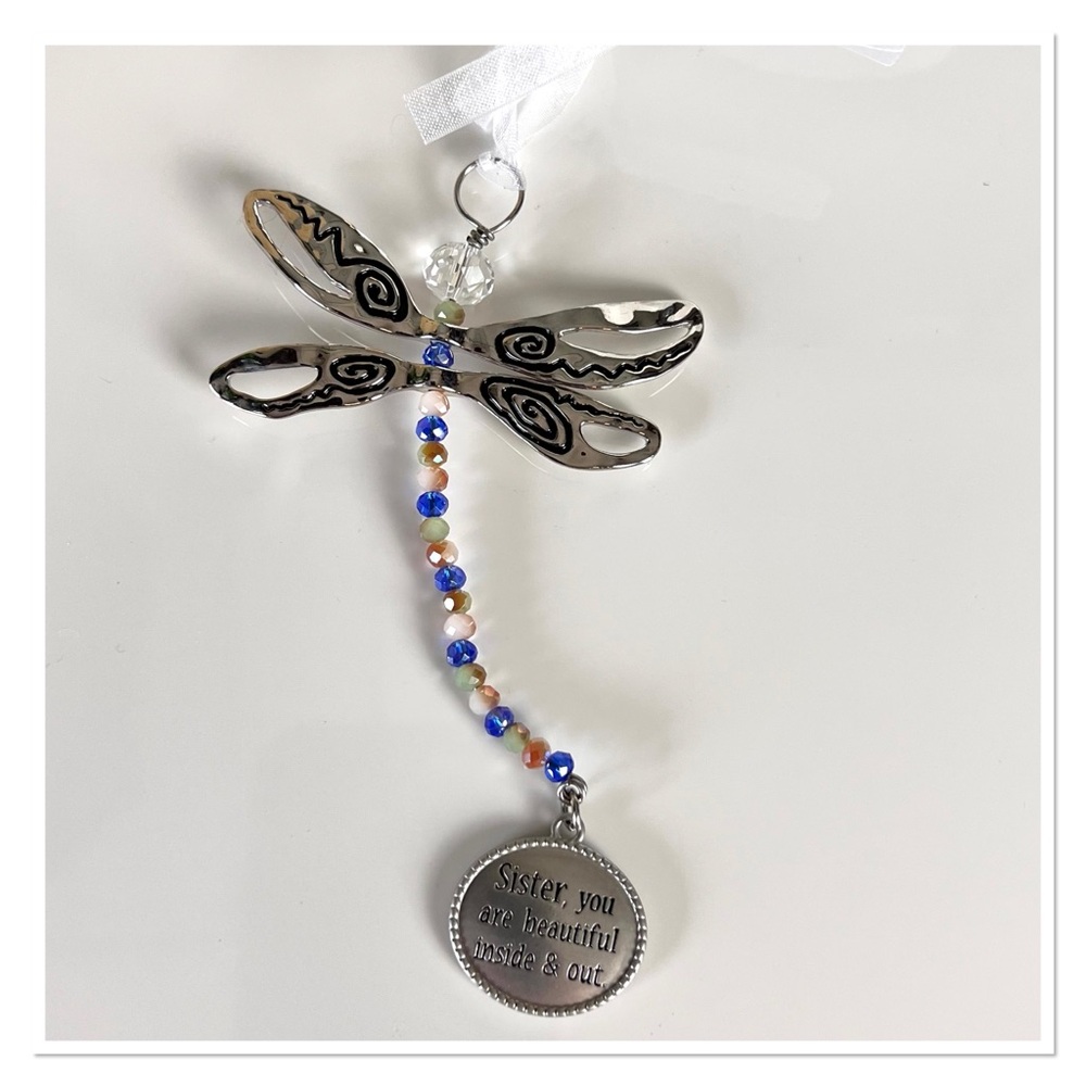 Silver 'Sister' Dragonfly Ornament/Charm with Beaded Tail